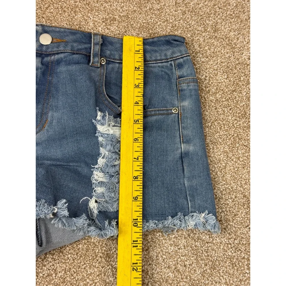 Sugar + Lip2 Womens Distressed‎ Denim Shorts Medium Wash Blue Frayed Hem Size M